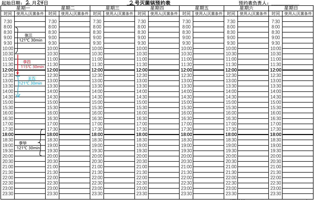 高压灭菌锅一周预约表-示例